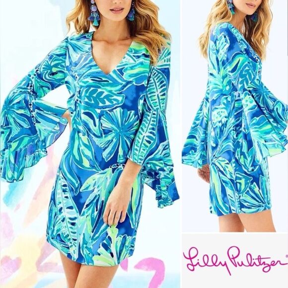 Lilly Pulitzer Dresses & Skirts - Lilly Pulitzer Dress Rosalia Beckon Blue Palm Passage Crepe Flounce Sleeves 00